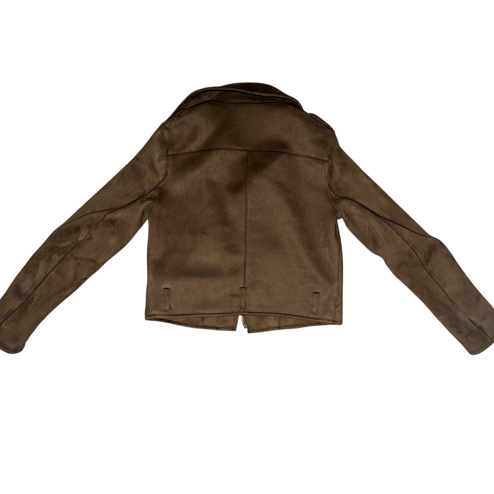ZARA Brown Khaki Cropped Suede Effect Moto Jacket Sz XS Aviator Biker Boho - Thumbnail 3