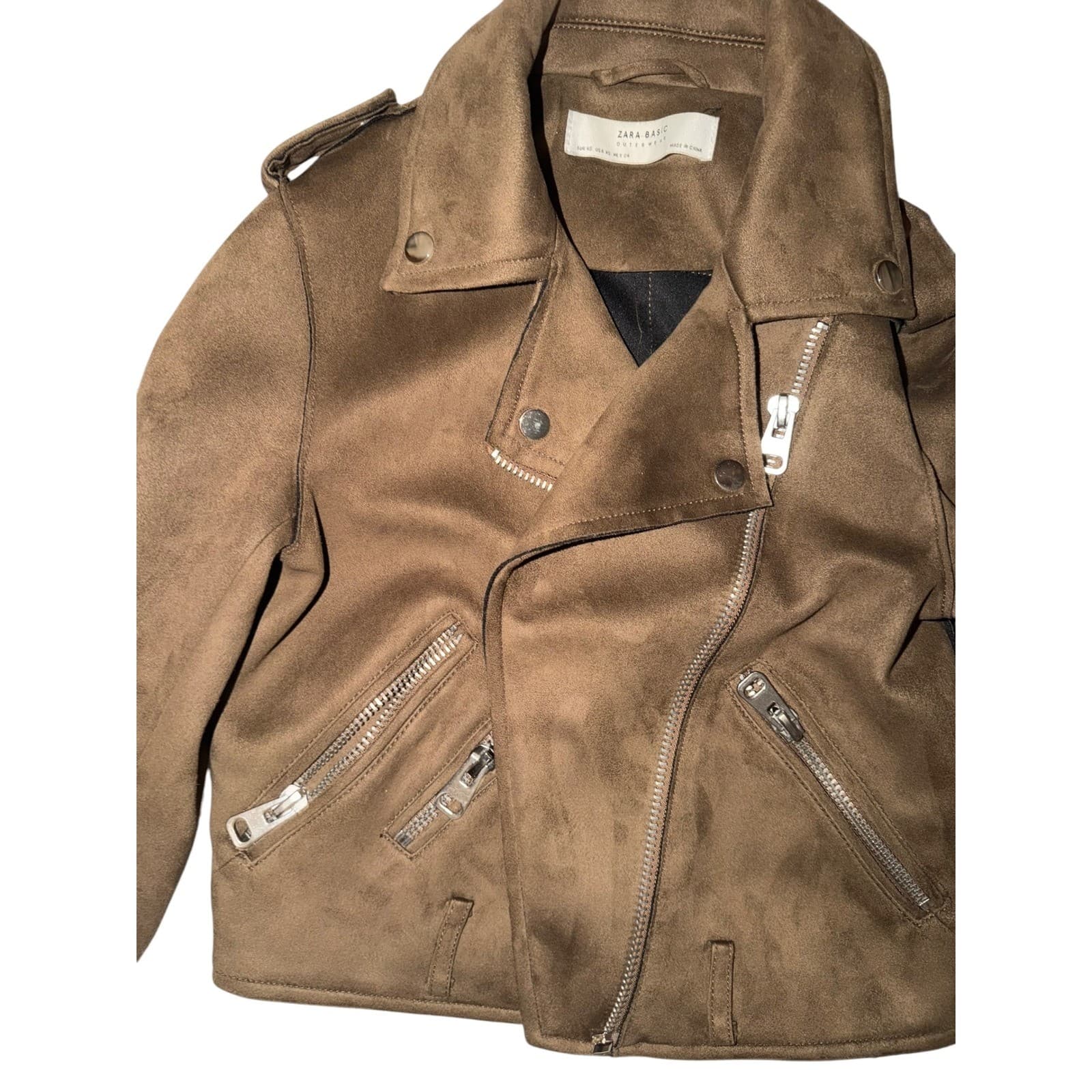 ZARA Brown Khaki Cropped Suede Effect Moto Jacket Sz XS Aviator Biker Boho - Thumbnail 5