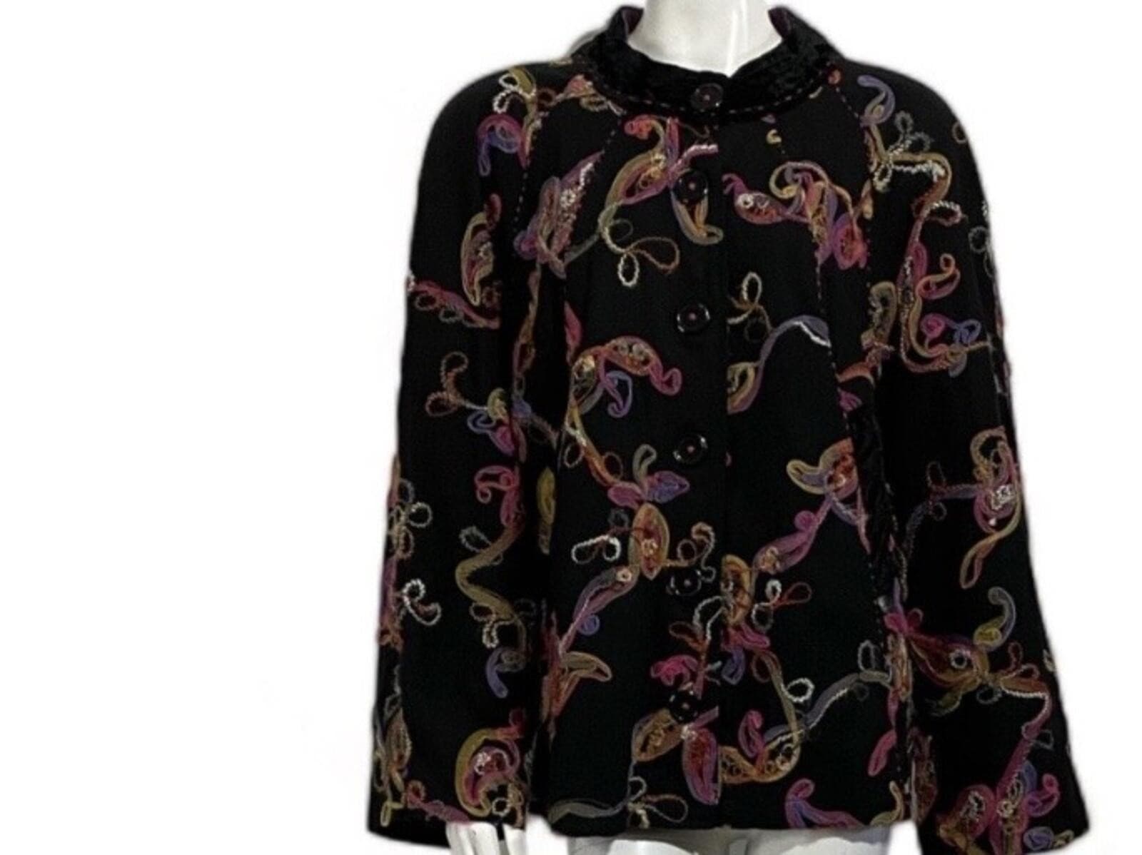 Vintage 80s April Cornell Black Embroidered Cotton Jacket Sz XS Boho Cottagecore - Thumbnail 6