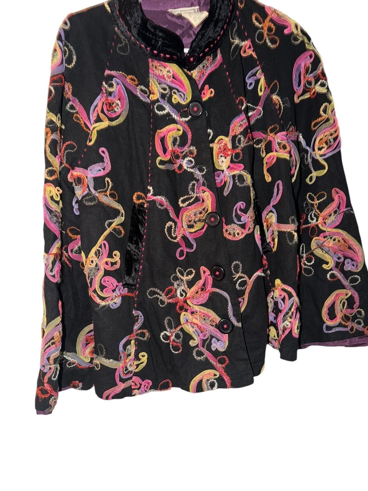 Vintage 80s April Cornell Black Embroidered Cotton Jacket Sz XS Boho Cottagecore - Thumbnail 4