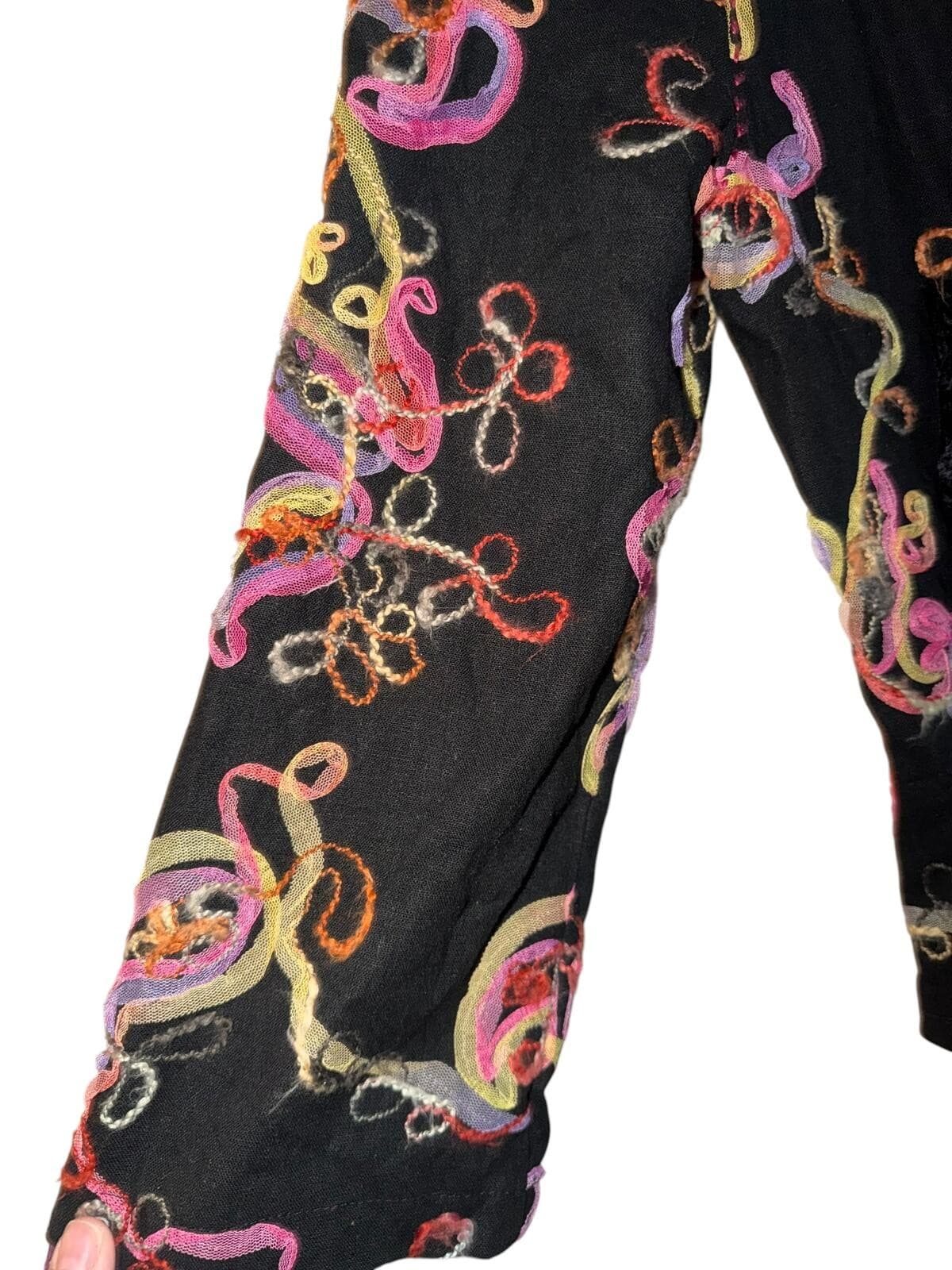 Vintage 80s April Cornell Black Embroidered Cotton Jacket Sz XS Boho Cottagecore - Thumbnail 3