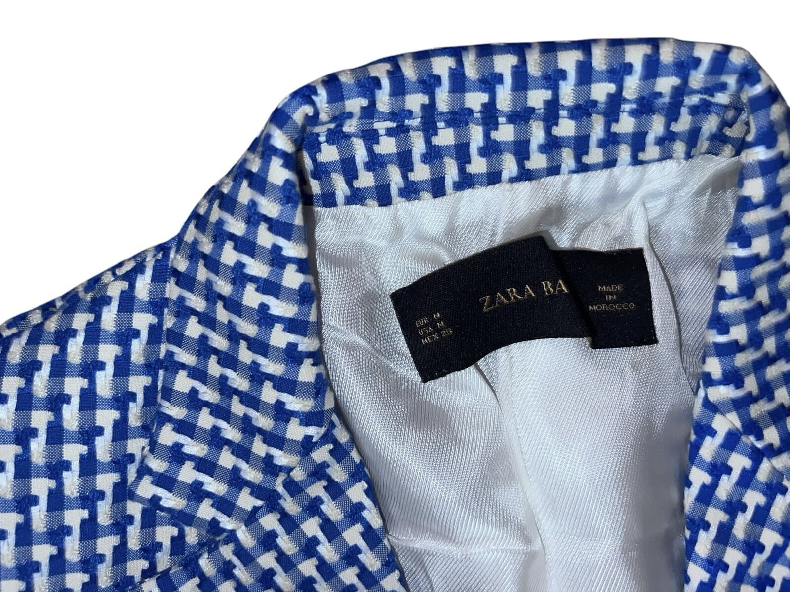 Zara Basic Blue one button c Blazer Sz M Herringbone Office Siren Secretary - Thumbnail 4