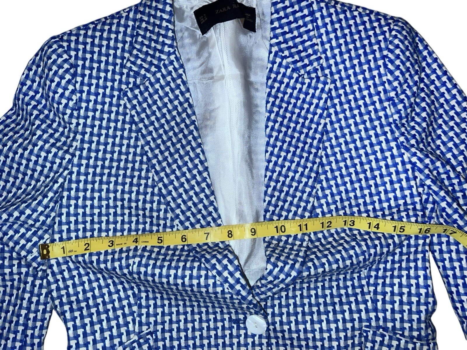 Zara Basic Blue one button c Blazer Sz M Herringbone Office Siren Secretary - Thumbnail 5