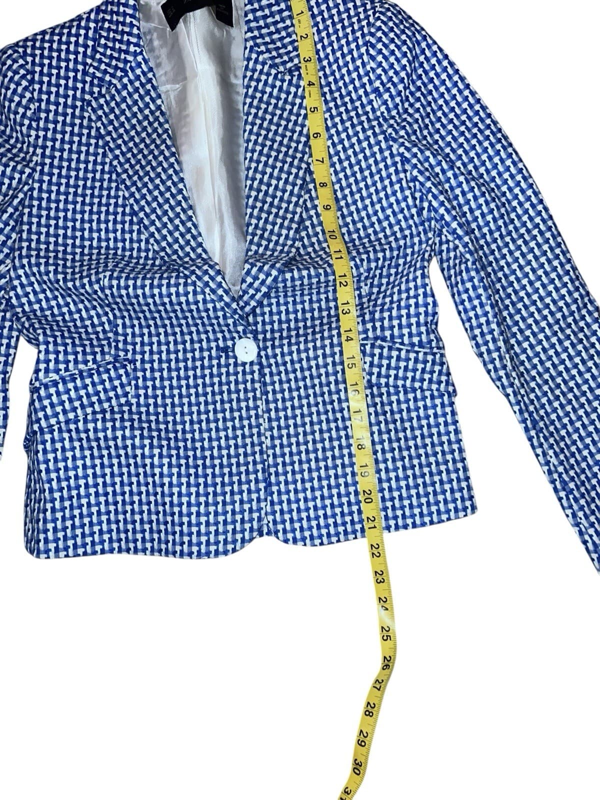 Zara Basic Blue one button c Blazer Sz M Herringbone Office Siren Secretary - Thumbnail 3