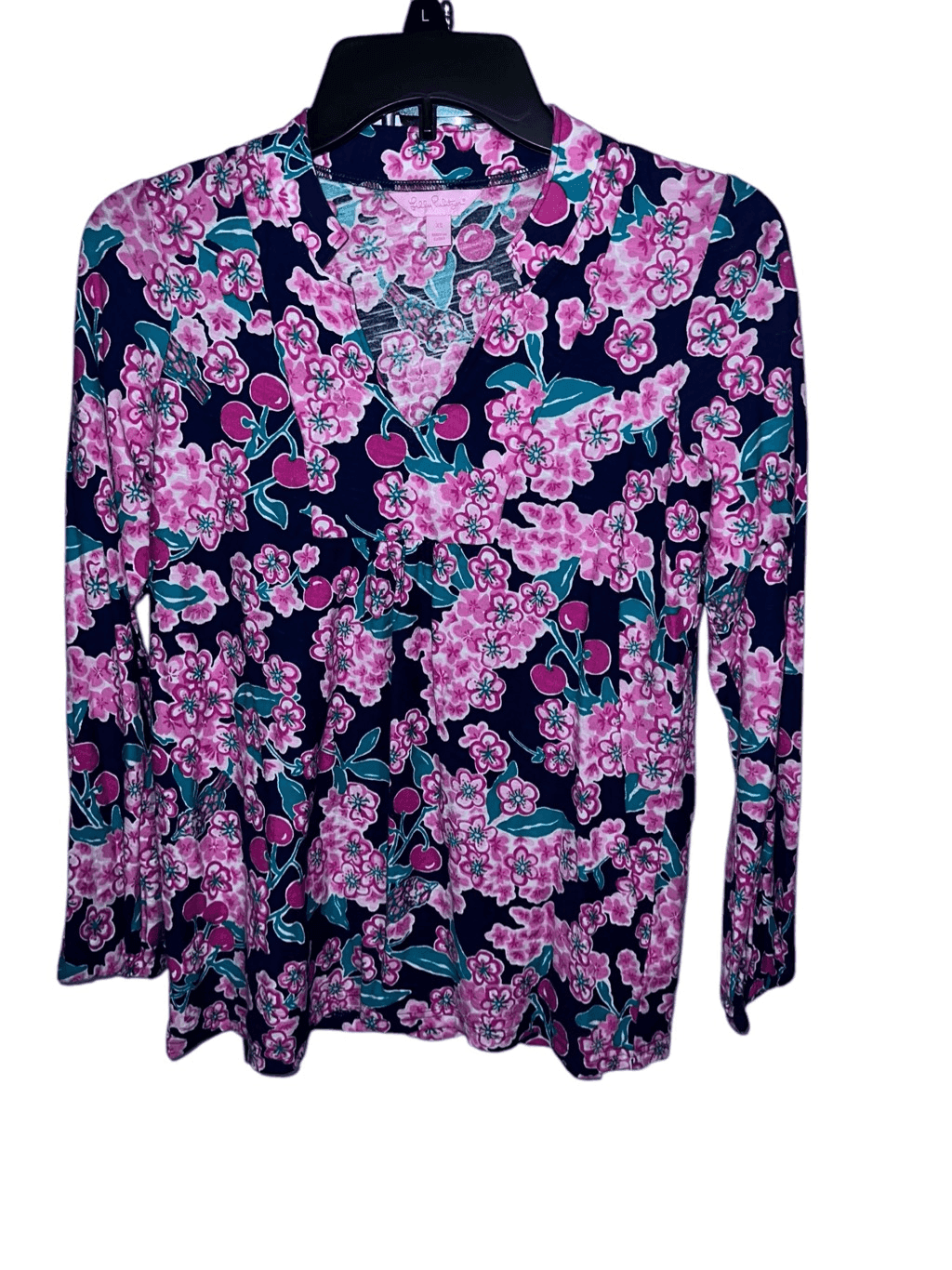 Lilly Pulitzer Cherry Picker Top Navy Pink xs Dopamine Boho V Neck Long Sleeve - Thumbnail 3