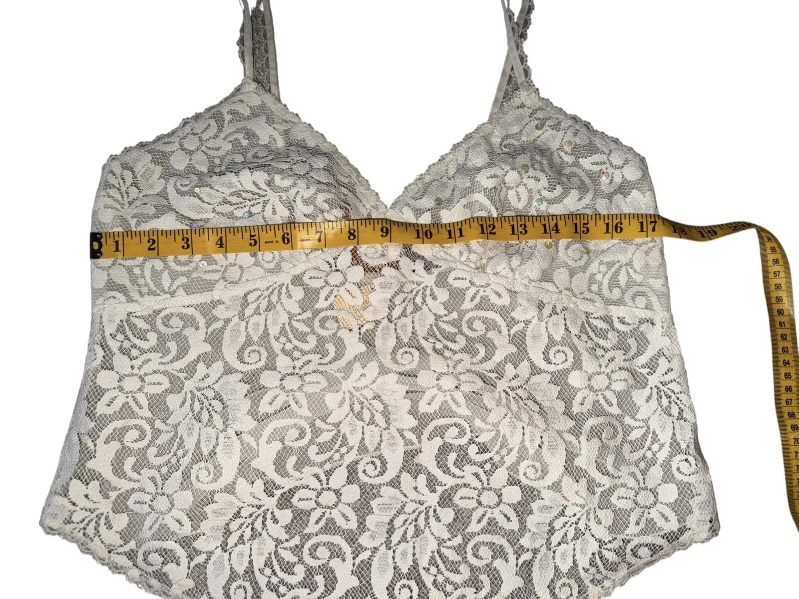 Deadstock Vtg 90s Victoria’s Secret White Lace Sequin Babydoll i Sz M Gold Tag - Thumbnail 8