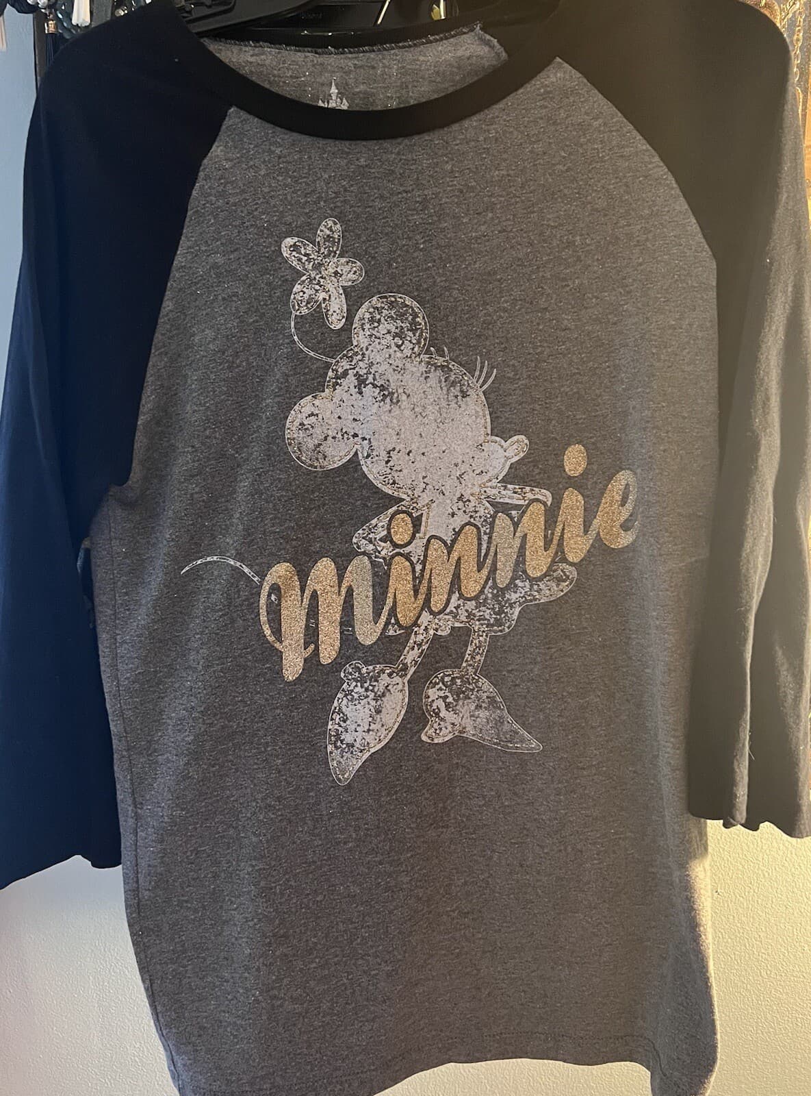 Disney Women's Minnie Mouse Raglan Top - Gold Glitter Half Sleeve Shirt Size S - Thumbnail 2