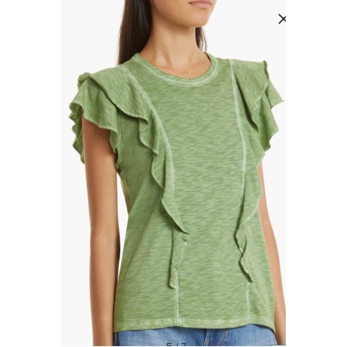 Veronica Beard Bea Space Dye Ruffle Tee Green Cotton Size XS | Coastal Designer - Thumbnail 2
