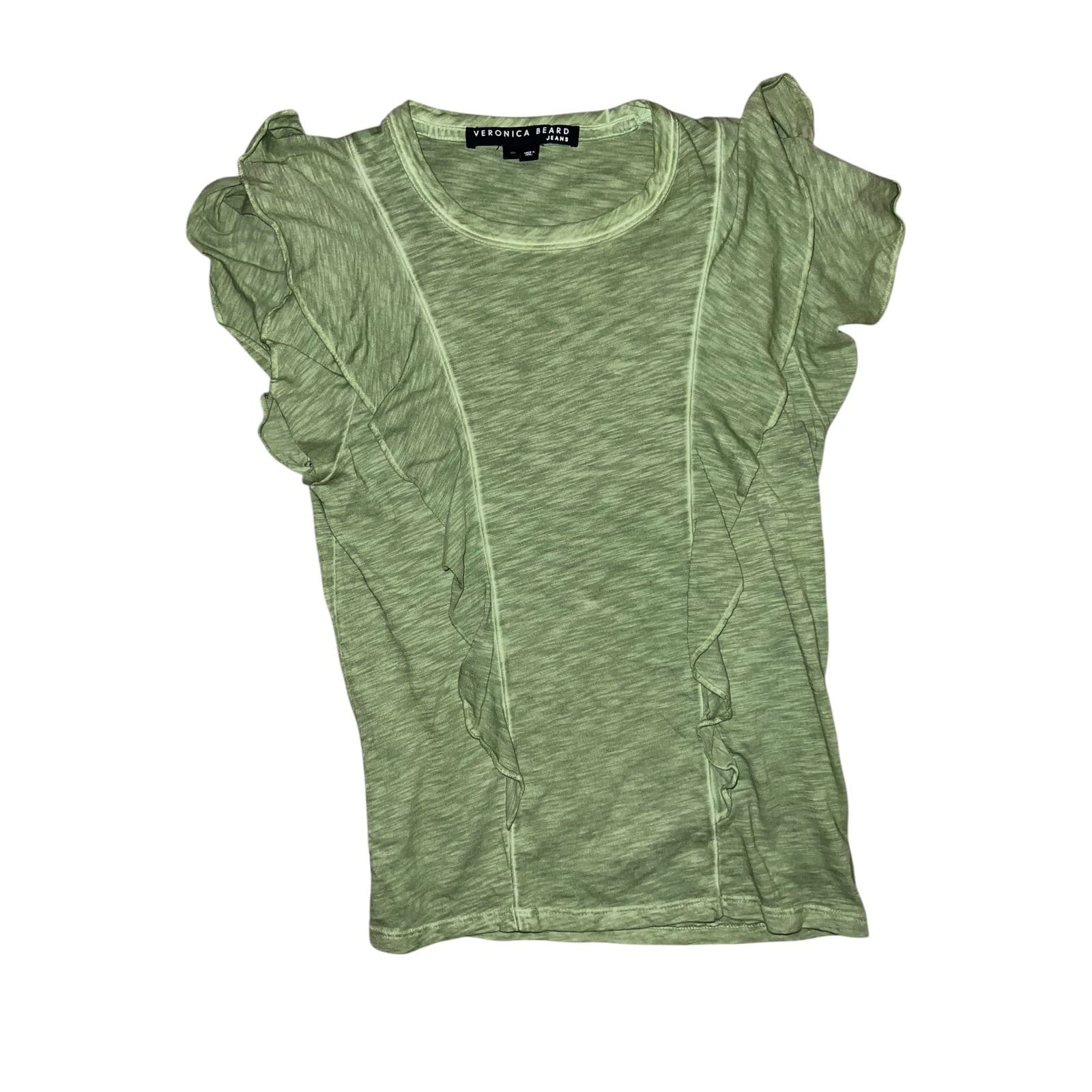Veronica Beard Bea Space Dye Ruffle Tee Green Cotton Size XS | Coastal Designer - Thumbnail 3