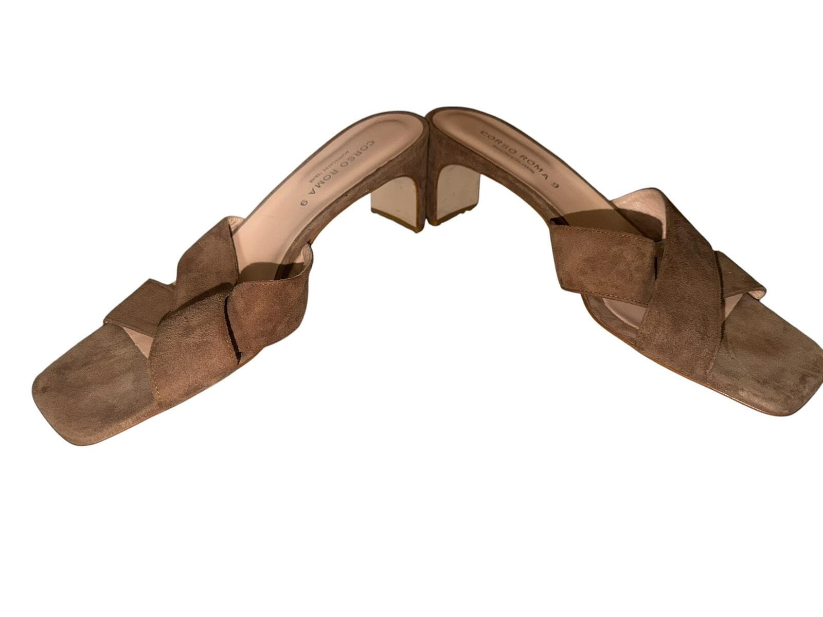 Corso Roma sz 40 Brown Suede Slip-On Crisscross Straps Block Heel Luxury - Thumbnail 4
