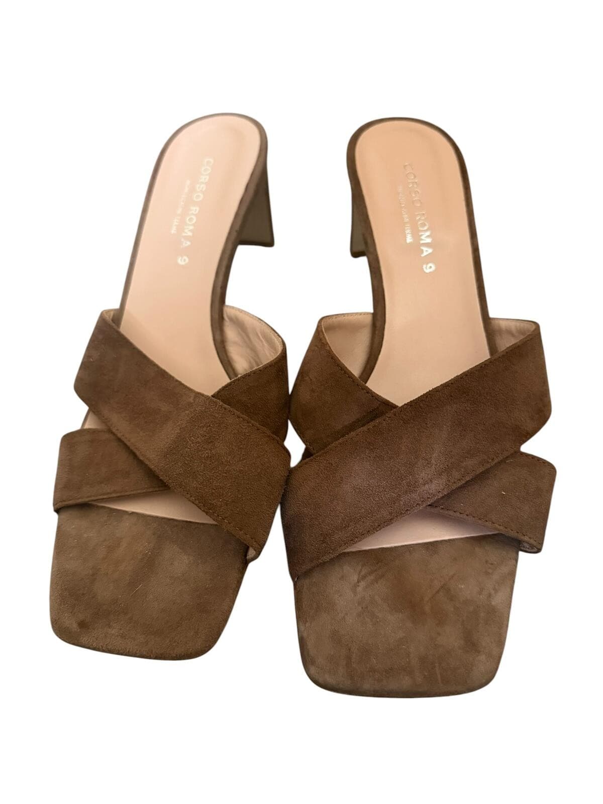 Corso Roma sz 40 Brown Suede Slip-On Crisscross Straps Block Heel Luxury - Thumbnail 2