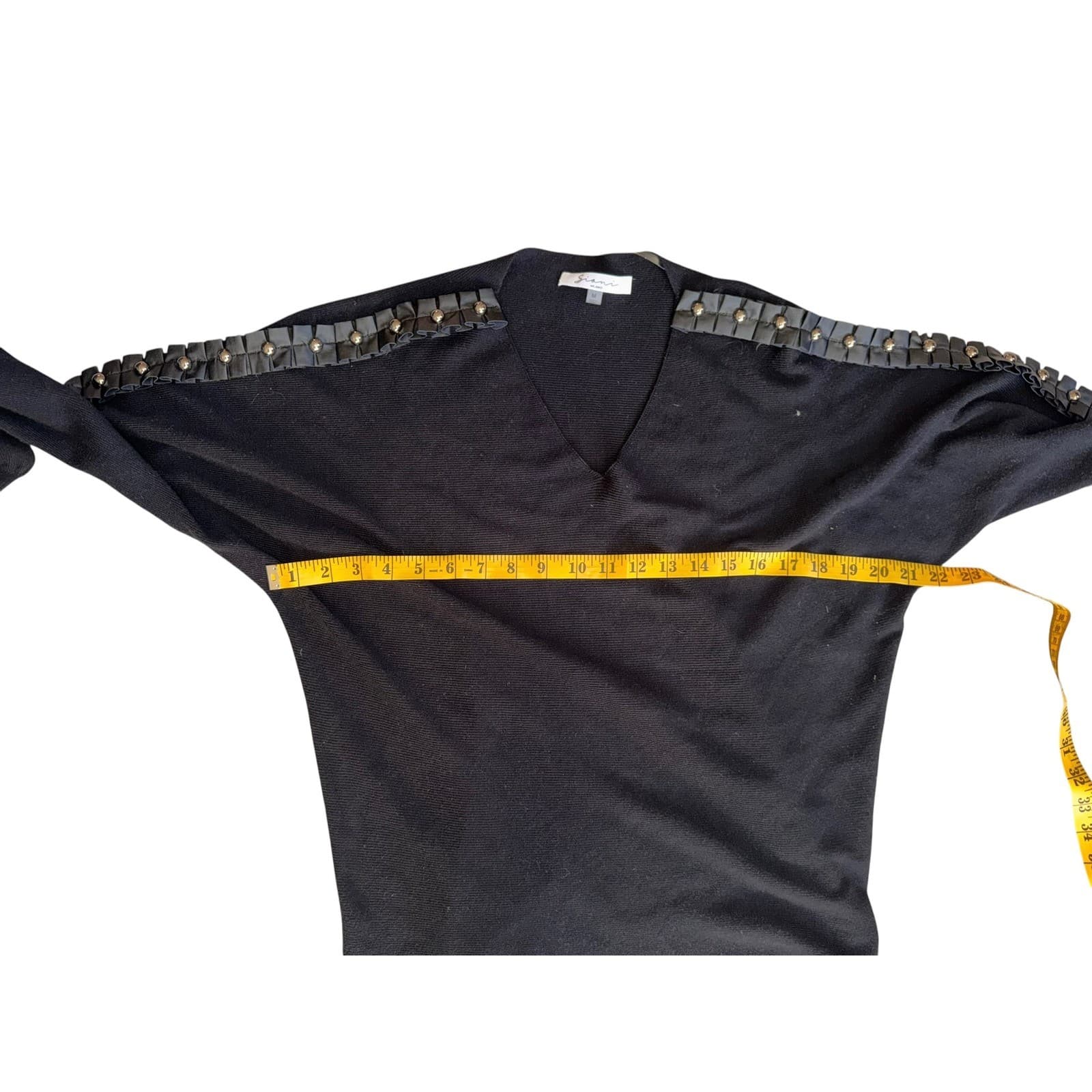 Sioni Milano Black V-Neck Sz M Leather pieces Sleeve Minimalist Dark Academia - Thumbnail 3