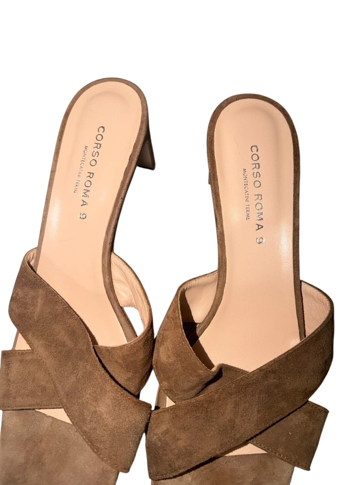Corso Roma sz 40 Brown Suede Slip-On Crisscross Straps Block Heel Luxury - Thumbnail 3