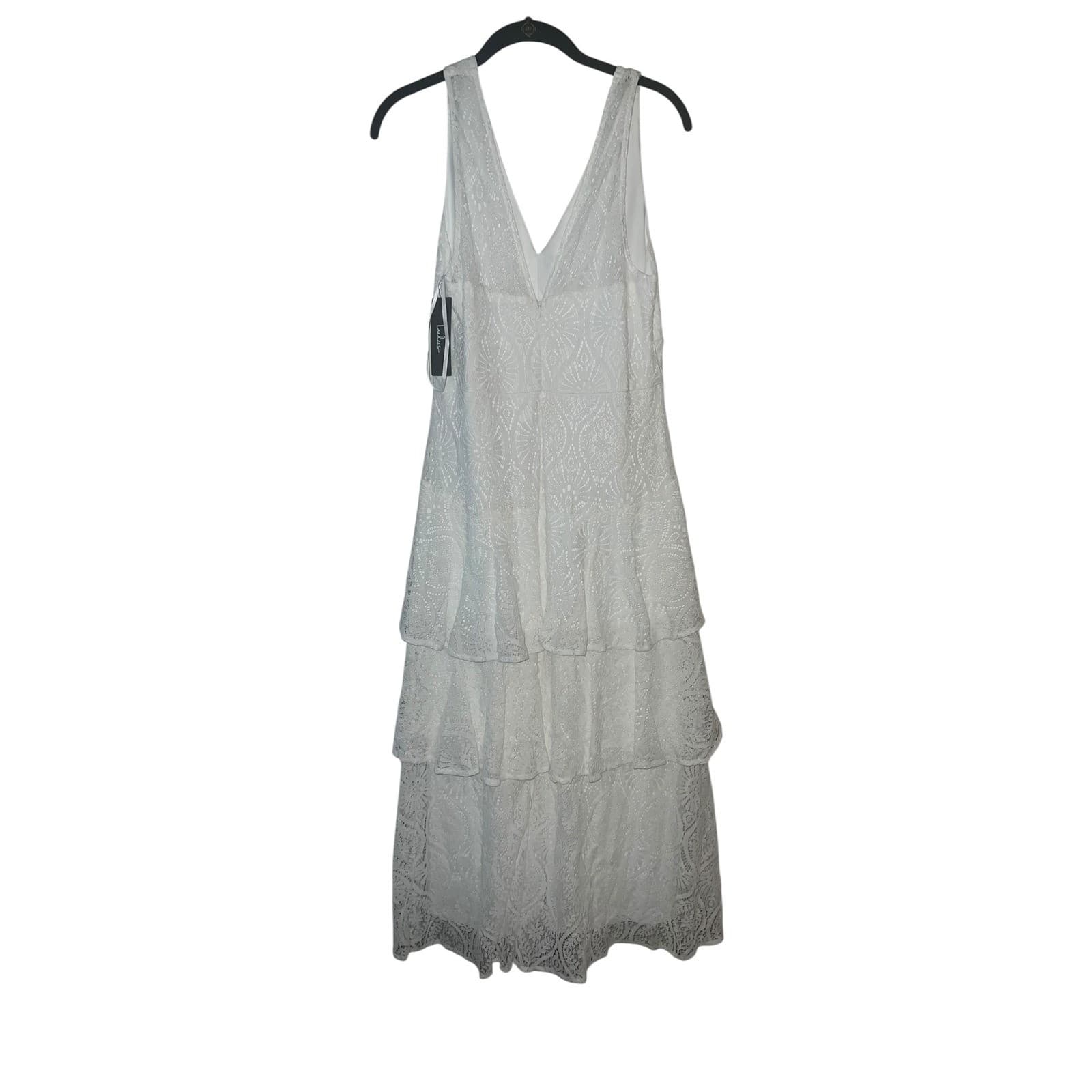 Lulus white plunge dress sz l lace tiered elegant avant garde castal nwt - Thumbnail 4