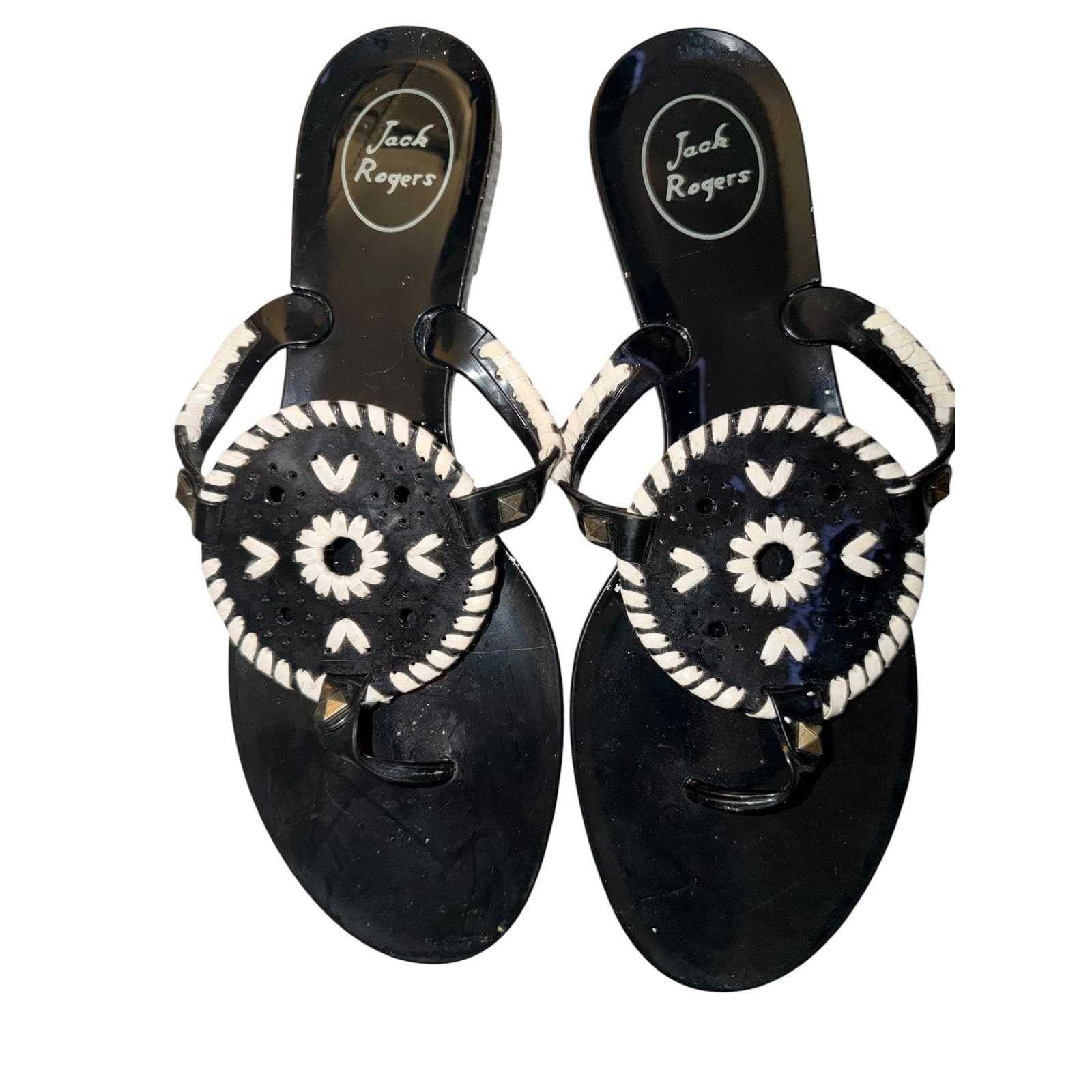 Jack Rogers Jelly Sandals Sz 9 Black White Tropical Boho Comfy Stylish - Thumbnail 2