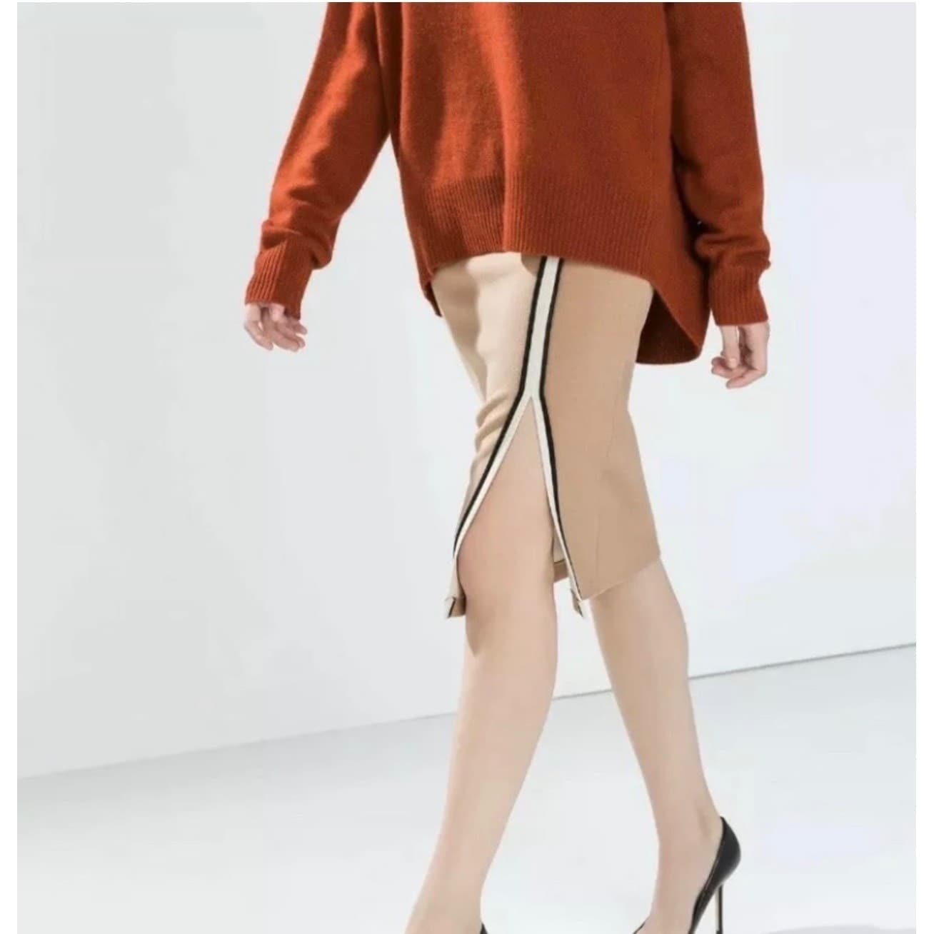 ZARA Cotton Midi Skirt Side Split Piping Zipper Office Siren Boho Chic - Thumbnail 2