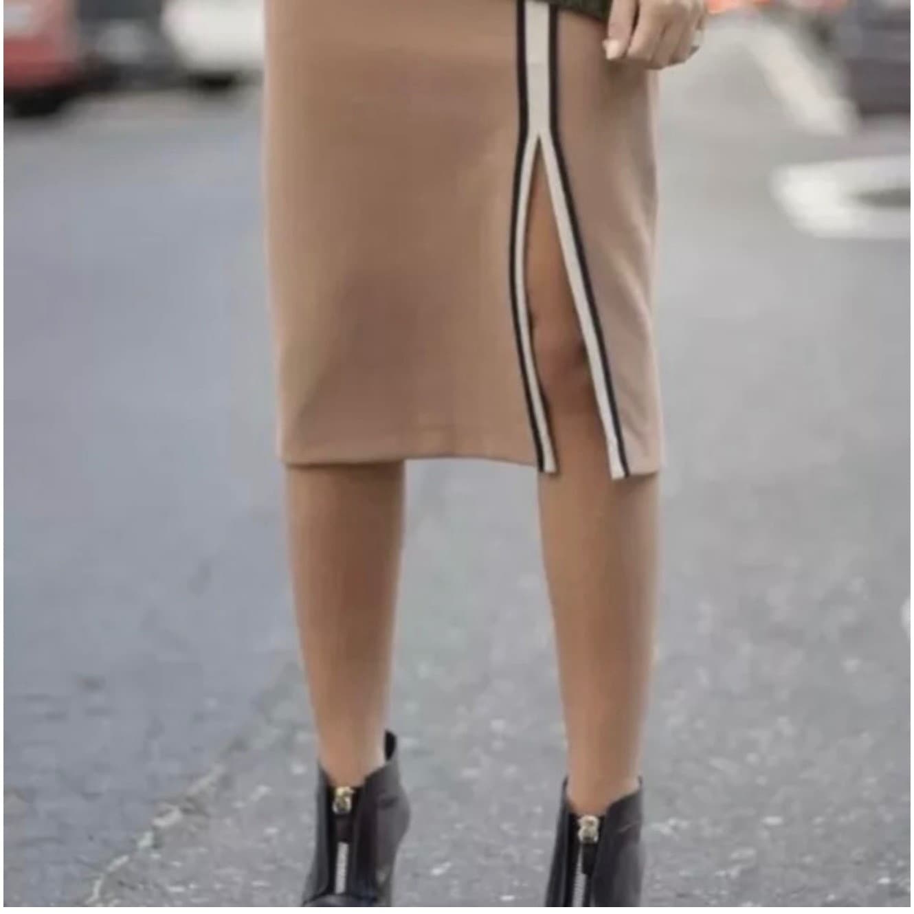 ZARA Cotton Midi Skirt Side Split Piping Zipper Office Siren Boho Chic - Thumbnail 3