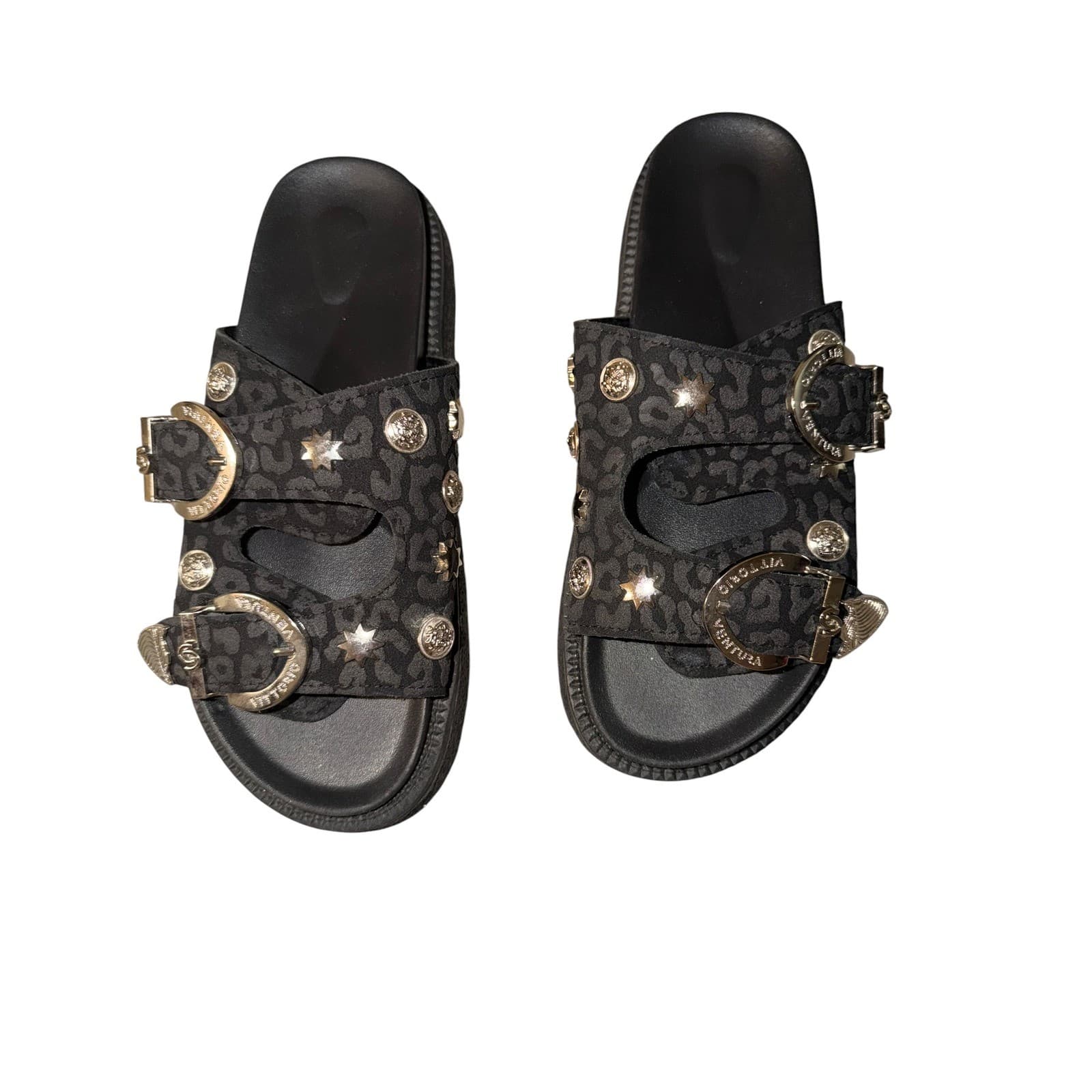 Vittorio Ventura Studded Black Leather Flats Sz 37 Gothic Emo Edgy Flatbed - Thumbnail 2