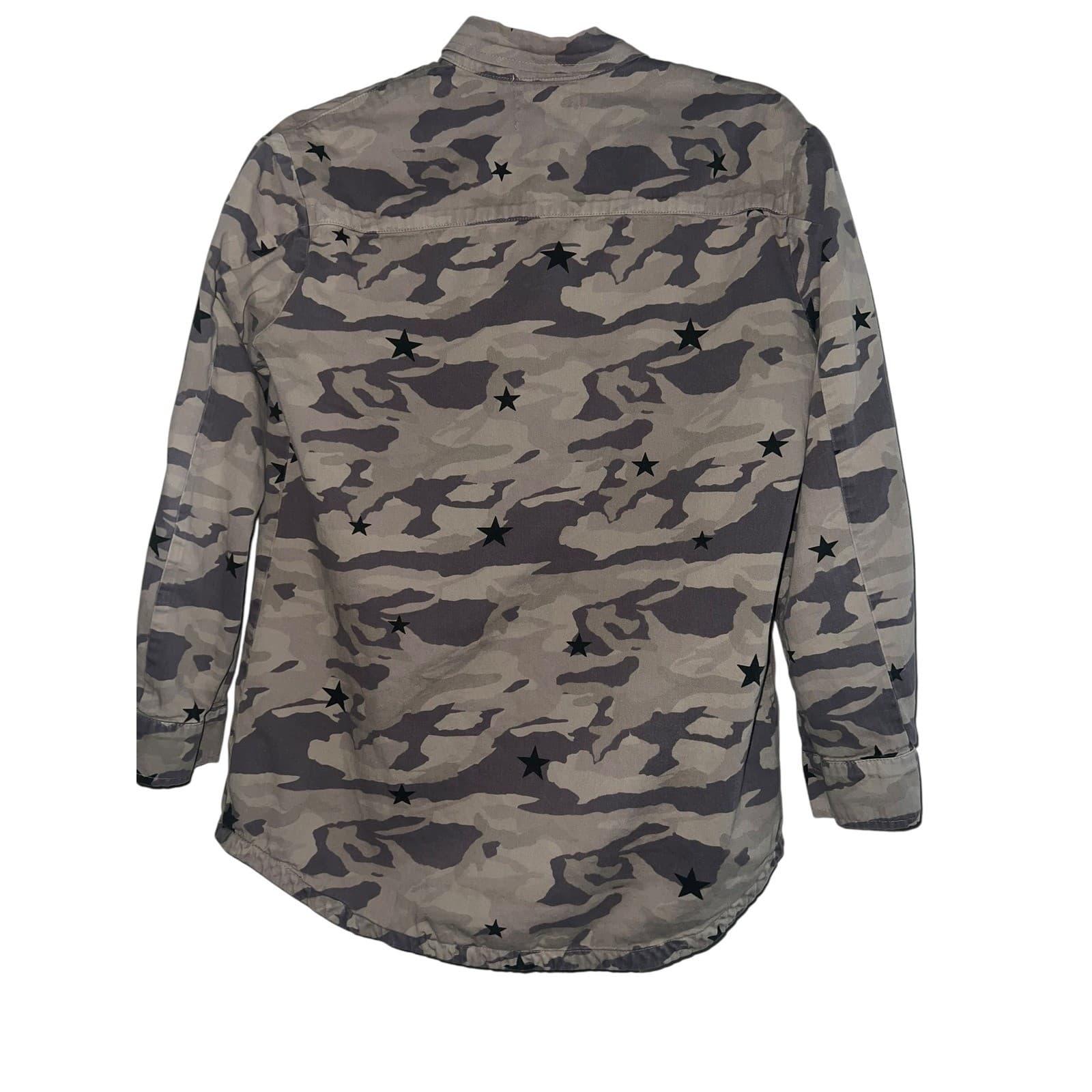 Monrow Vintage Shirt Jacket Green Gray Camo Stars Sz XS Utility Boho - Thumbnail 2