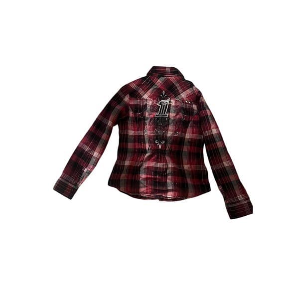 Harley-Davidson Red Black Plaid silver lines metal studs Sz s biker preppy - Thumbnail 2