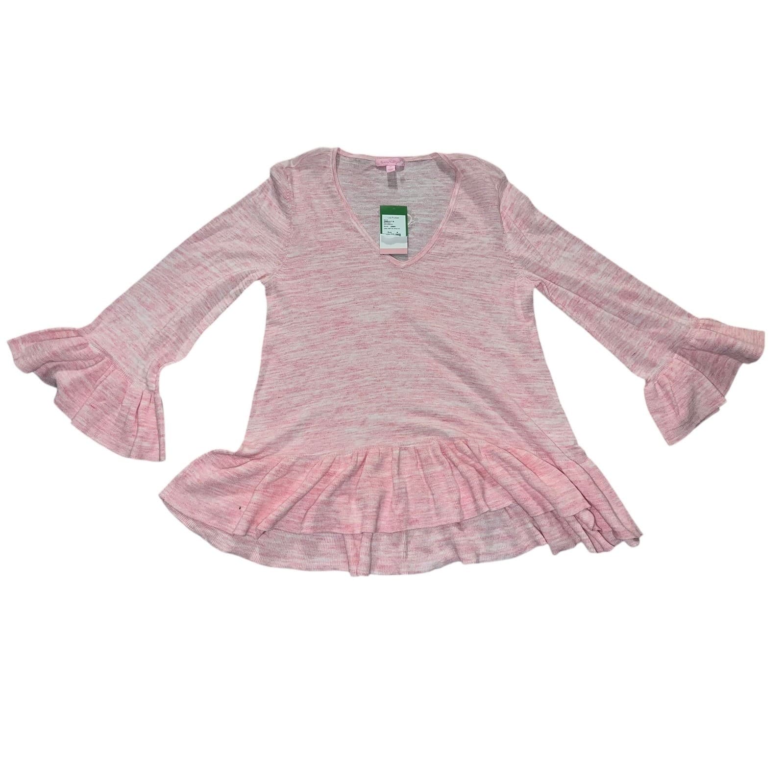 Lilly Pulitzer Pink Peplum Knit Top Sz M NWT | V-Neck Bell Sleeve Cotton Luxury - Thumbnail 2