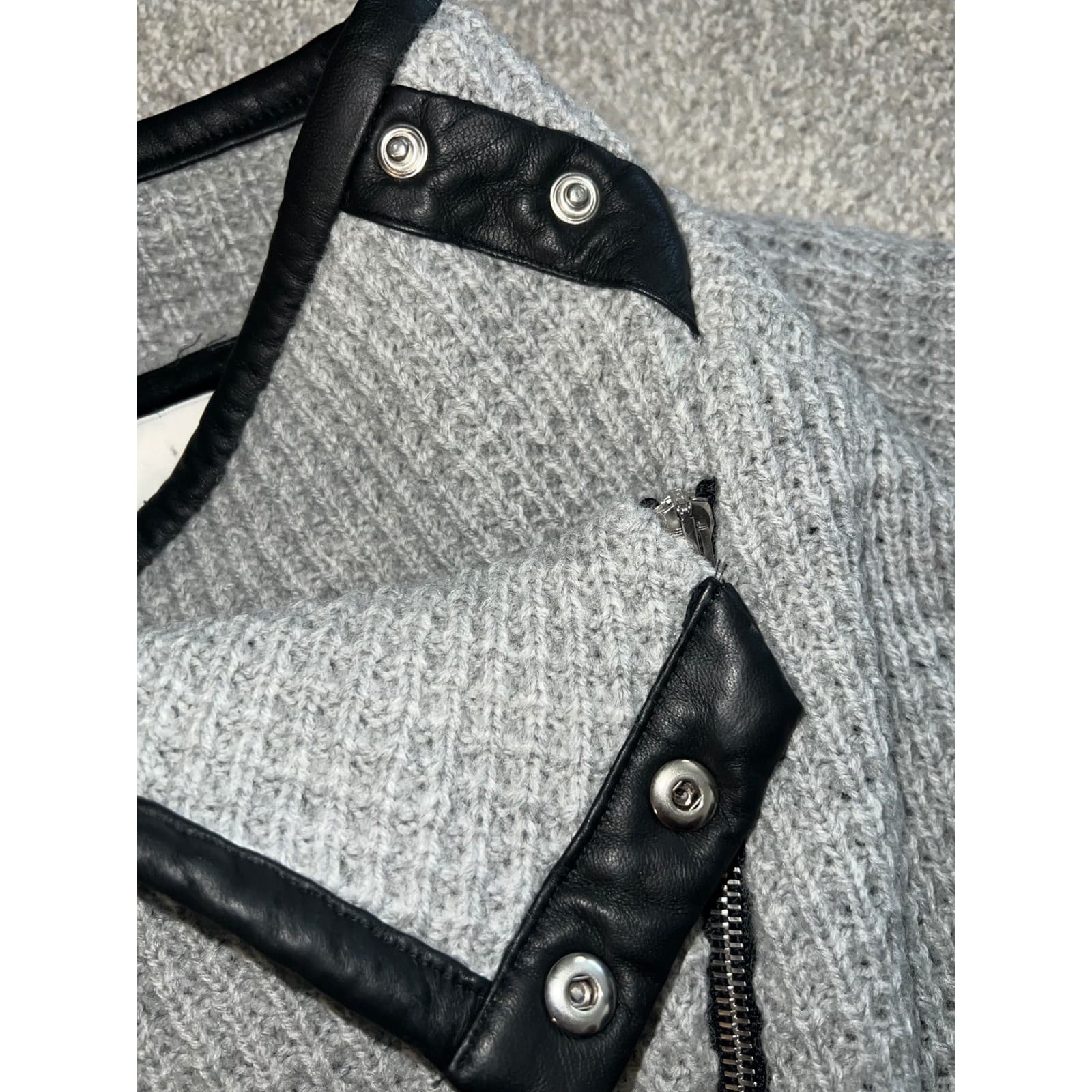 IRO Chelane Gray Waffle Knit Zip Up Sz 36 Wool Blend Leather Trim Luxury Jacket - Thumbnail 7