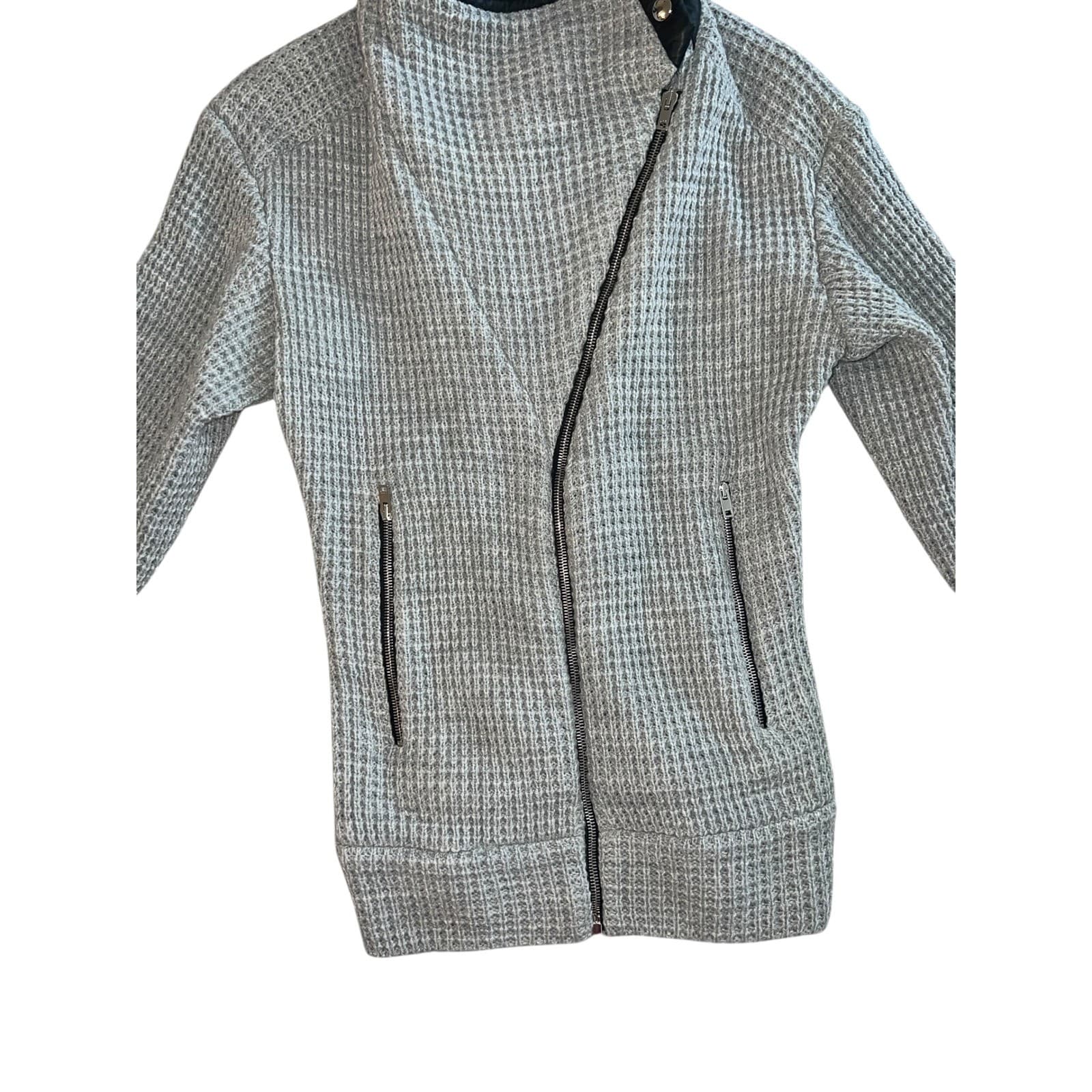 IRO Chelane Gray Waffle Knit Zip Up Sz 36 Wool Blend Leather Trim Luxury Jacket - Thumbnail 5