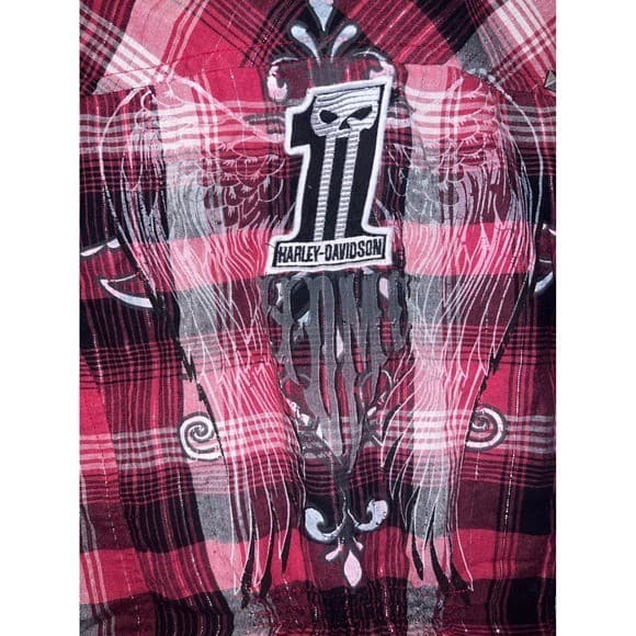 Harley-Davidson Red Black Plaid silver lines metal studs Sz s biker preppy - Thumbnail 3