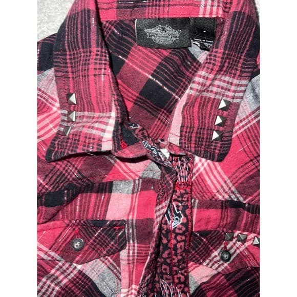 Harley-Davidson Red Black Plaid silver lines metal studs Sz s biker preppy - Thumbnail 12