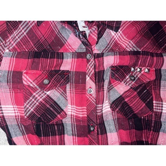 Harley-Davidson Red Black Plaid silver lines metal studs Sz s biker preppy - Thumbnail 8