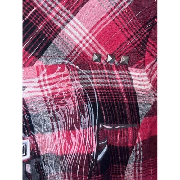 Harley-Davidson Red Black Plaid silver lines metal studs Sz s biker preppy - Thumbnail 5