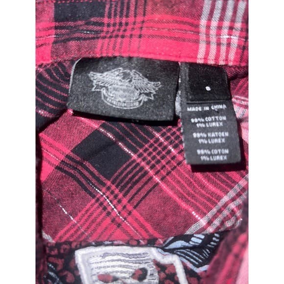 Harley-Davidson Red Black Plaid silver lines metal studs Sz s biker preppy - Thumbnail 7