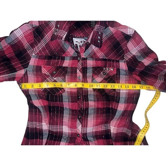 Harley-Davidson Red Black Plaid silver lines metal studs Sz s biker preppy - Thumbnail 9