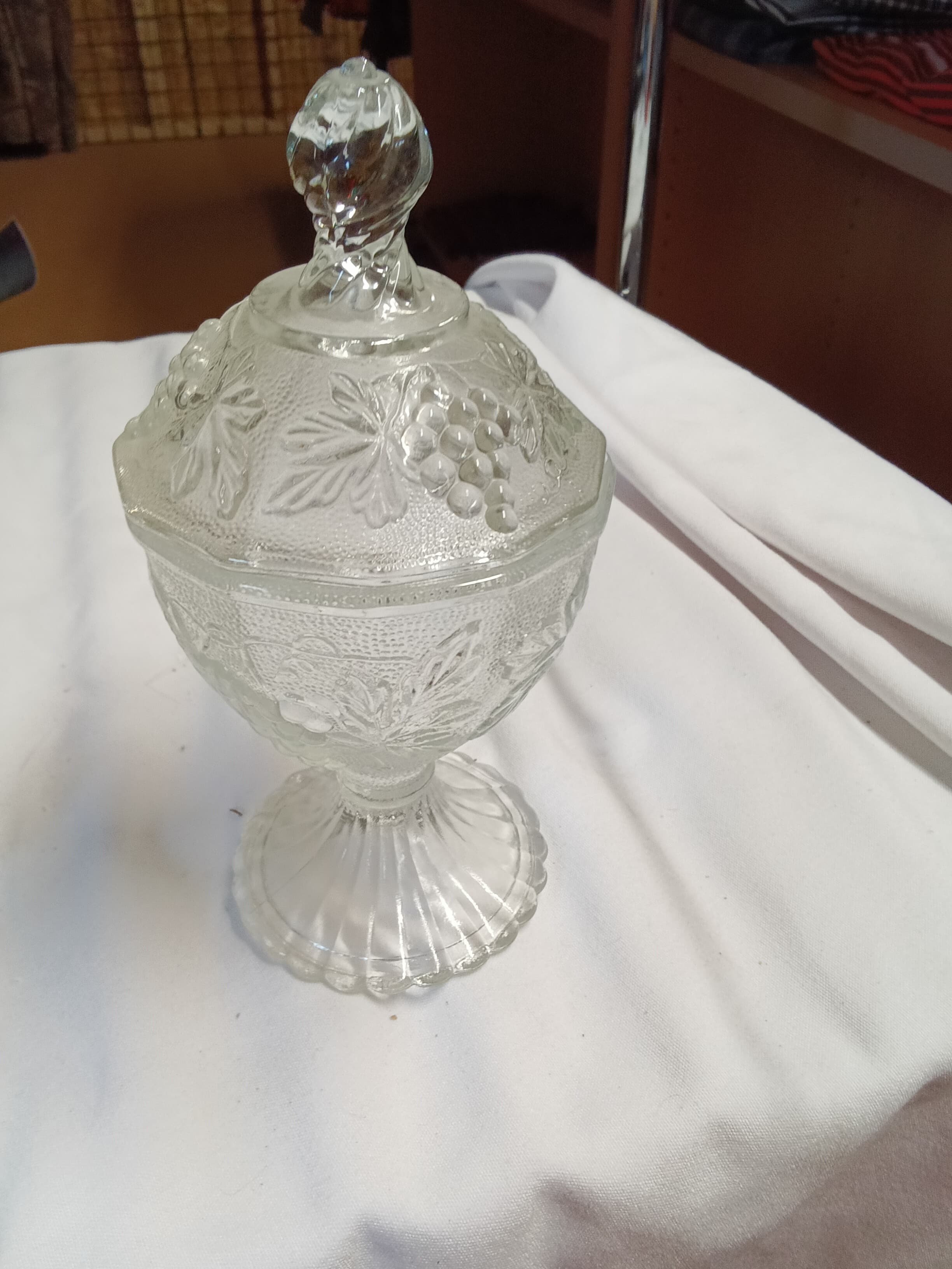 Vintage Glass Candy Dish with Lid and Grape Design