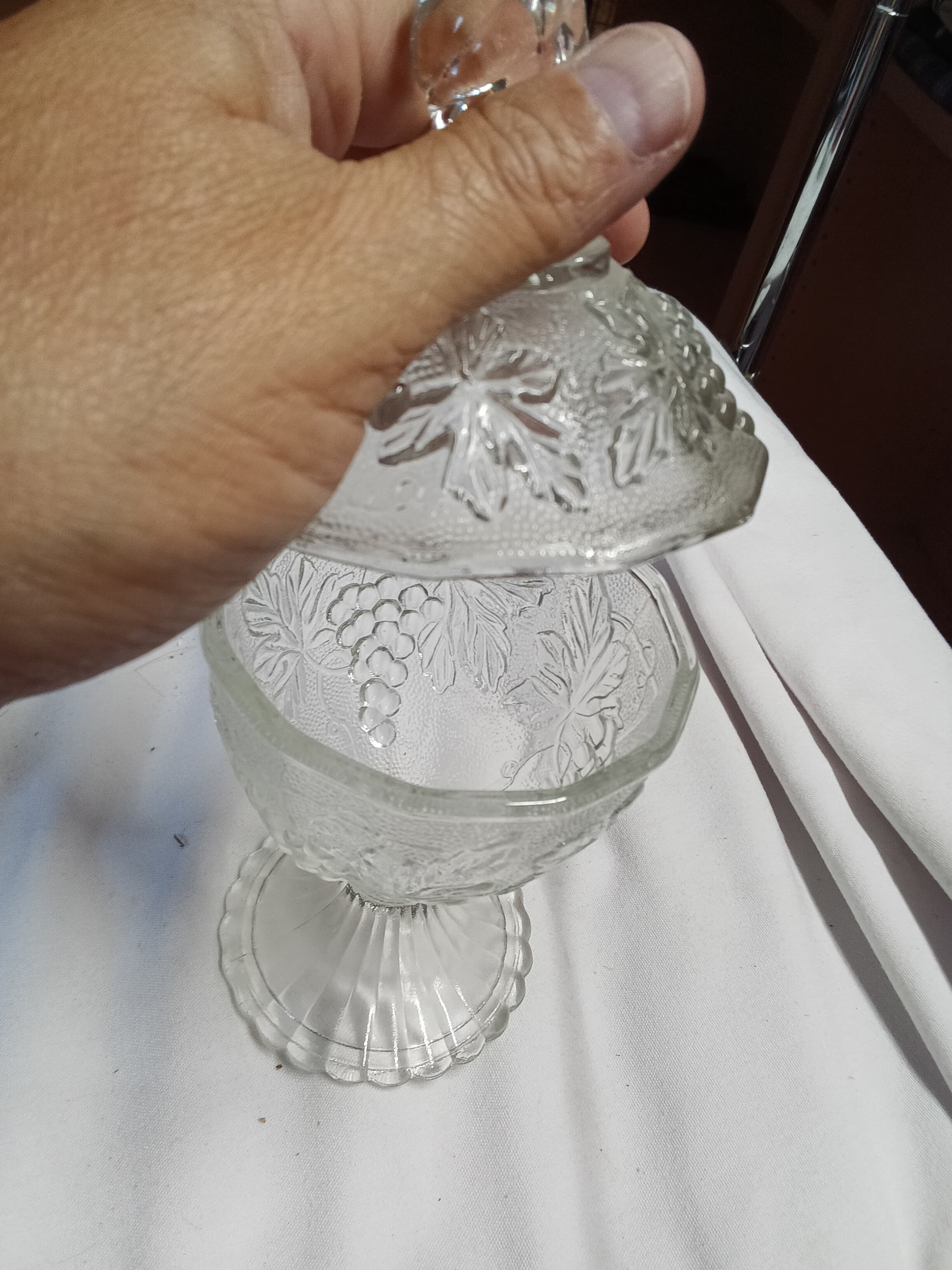 Vintage Glass Candy Dish with Lid and Grape Design - Thumbnail 2