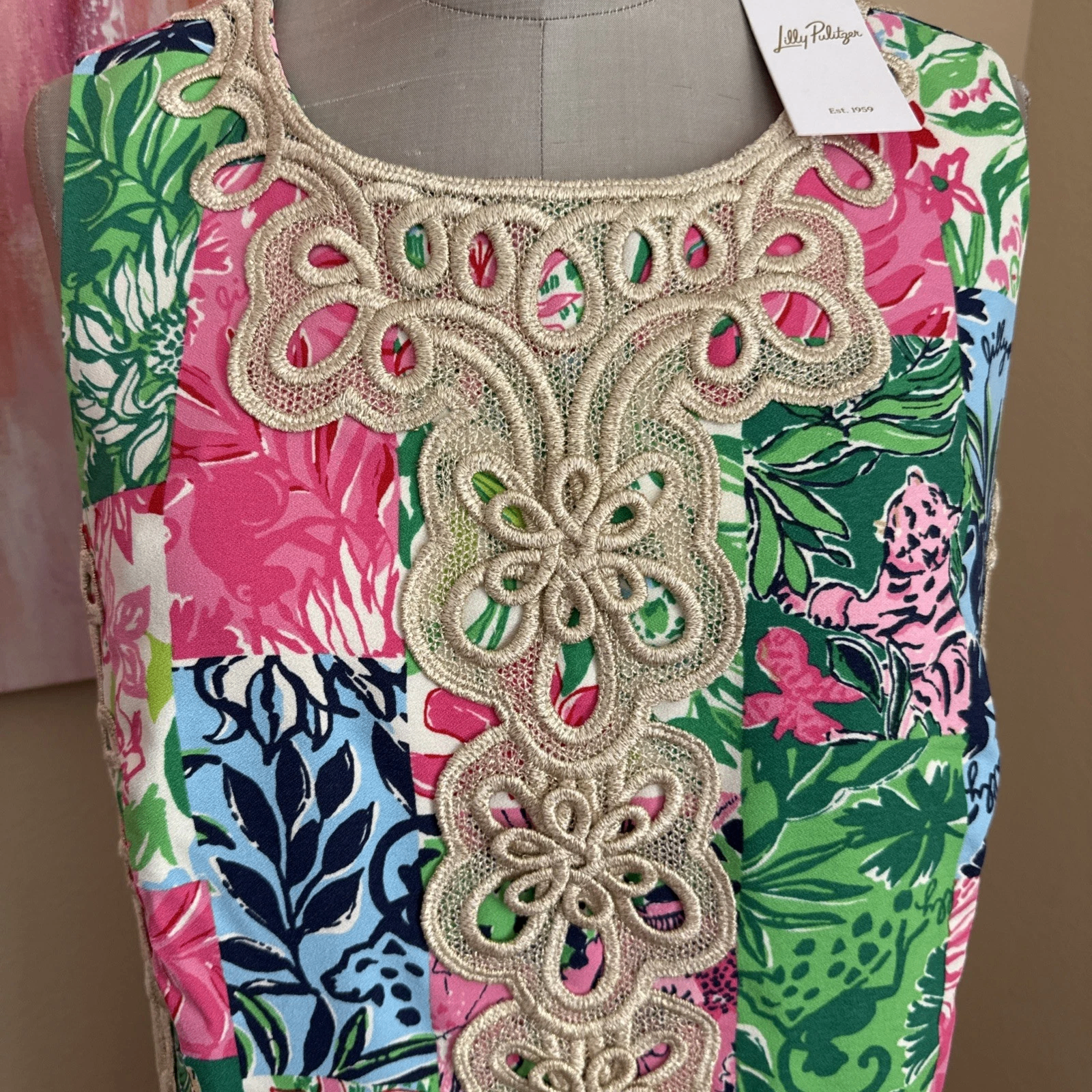 NWT Lilly Pulitzer Edita Maxi Shift Dress Party Punch Patch Gold Lace (Size 16) - Thumbnail 3