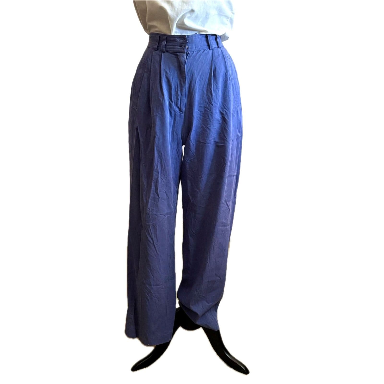 Blue High-Waisted Pleated Trousers Size 10 80s 90s Vtg Small