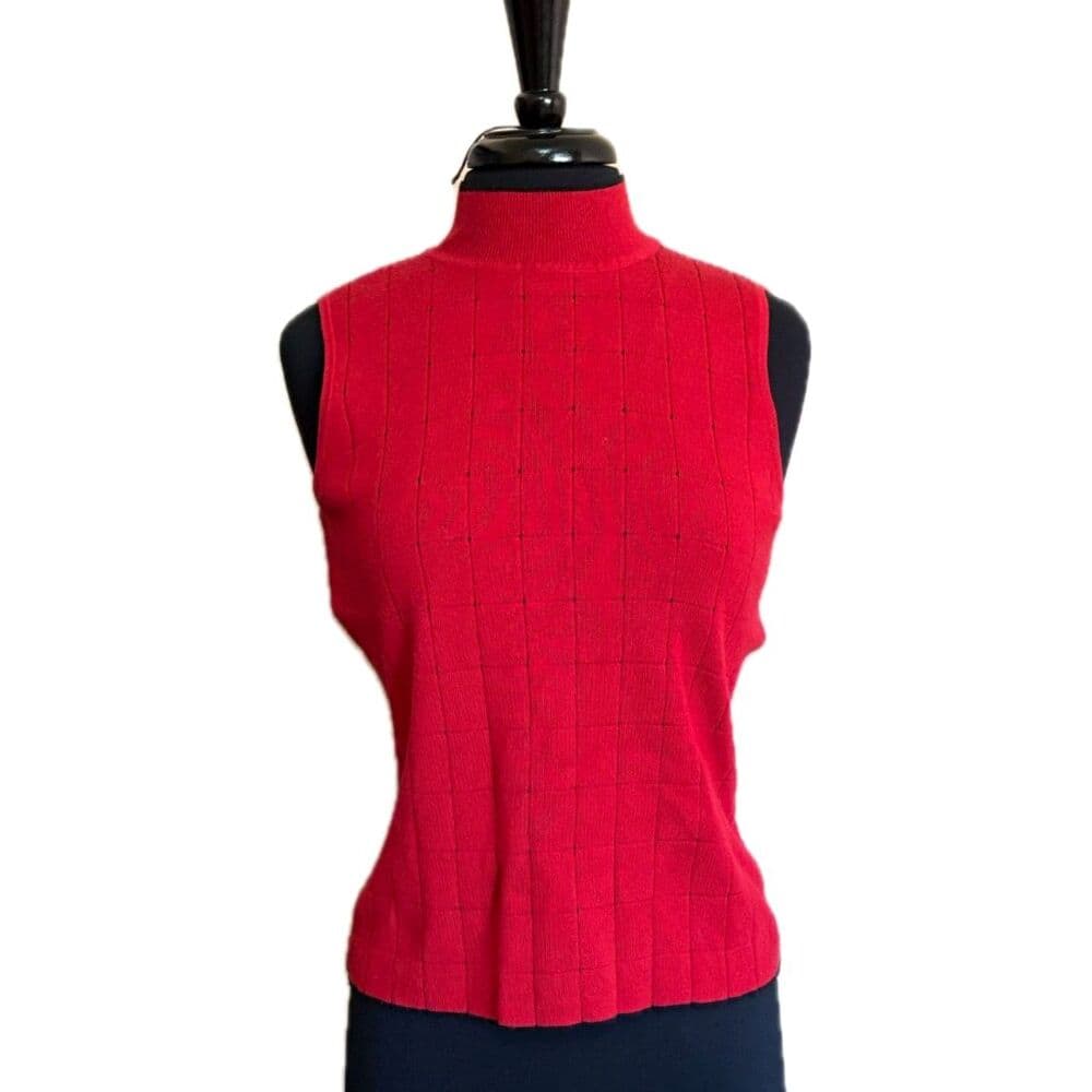 Red Sleeveless Turtleneck Vest Mixed Rib Grid Classic Minimalist - Thumbnail 5