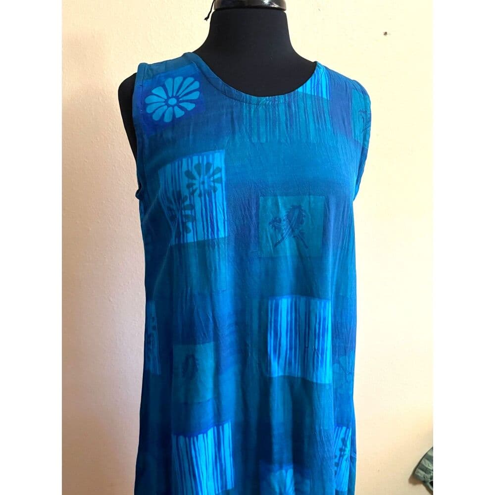 Blue Patchwork Floral Batik-inspired Print Dress / Large Resort Beach - Thumbnail 3