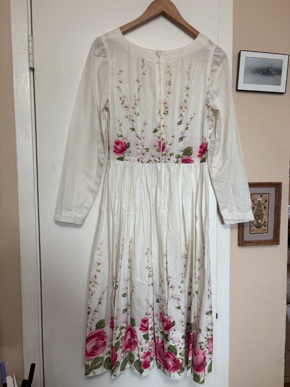Vintage Pink Roses Floral Long Sleeve Midi Dress - Thumbnail 3