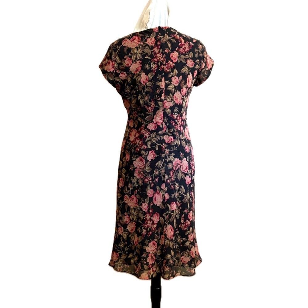 Rose Floral Pattern Dress Black Pink Romantic Ruffle US 8 Medium - Thumbnail 2