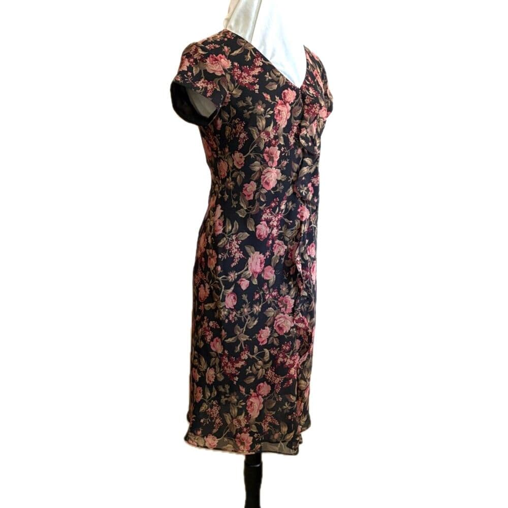 Rose Floral Pattern Dress Black Pink Romantic Ruffle US 8 Medium - Thumbnail 3