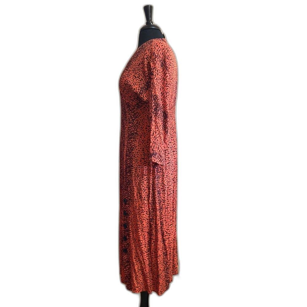 Angie Orange Animal Print Midi Dress Womens Small Boho V Neck Long Sleeve - Thumbnail 3