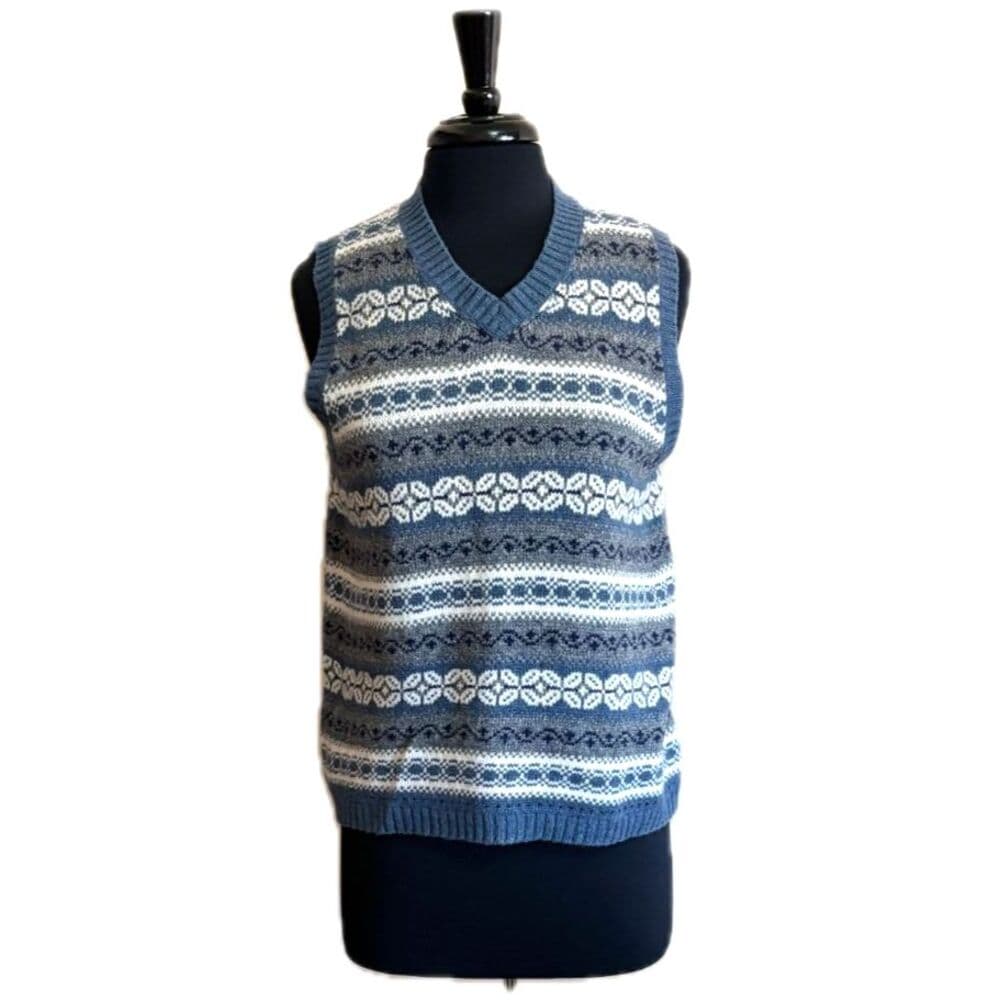 Blue, White, and Grey Fair Isle Sweater Vest Grandpa Large Wool - Thumbnail 3