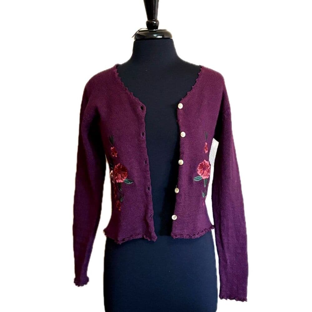 Wool and Cotton Embroidered Flower Cardigan Vtg Small - Thumbnail 3