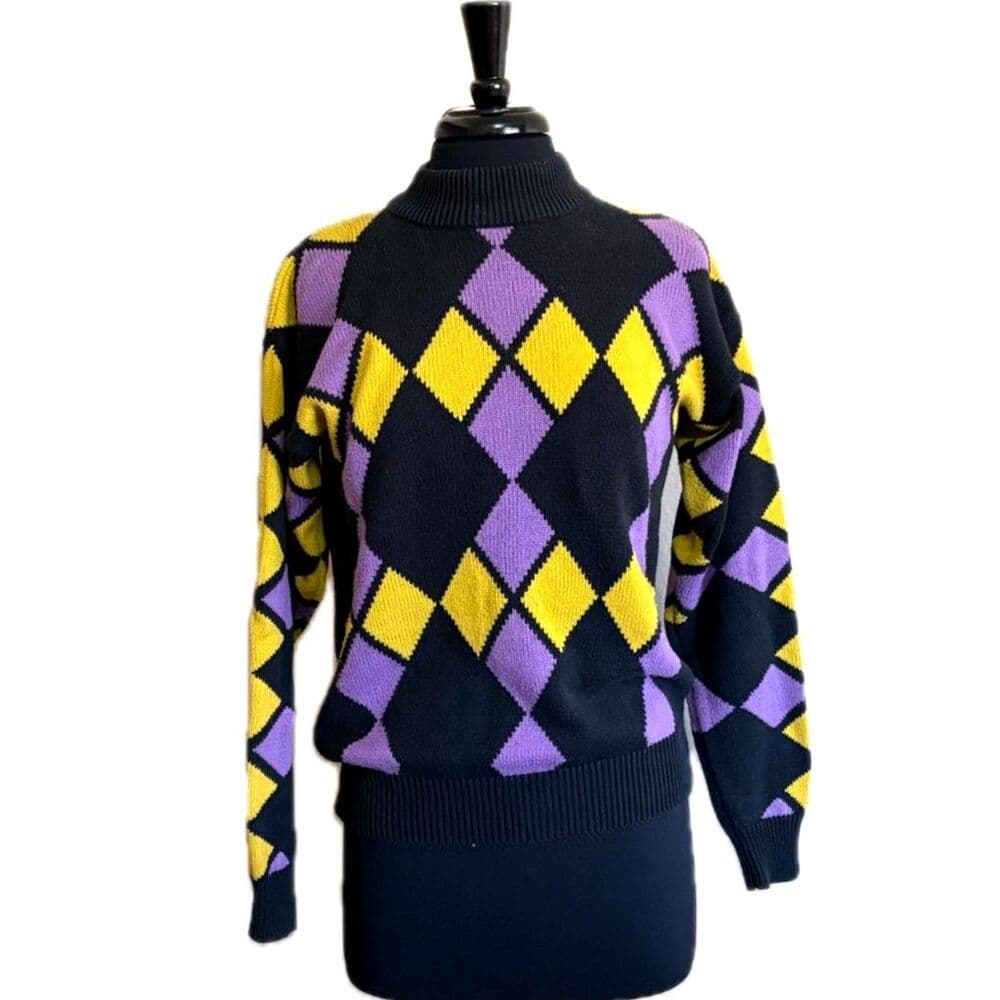 Vintage 80s Argyle Sweater Black Yellow Purple Small Medium