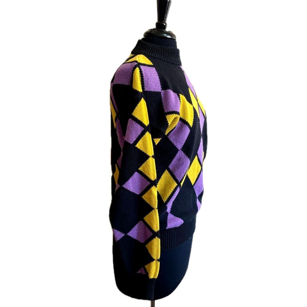 Vintage 80s Argyle Sweater Black Yellow Purple Small Medium - Thumbnail 2