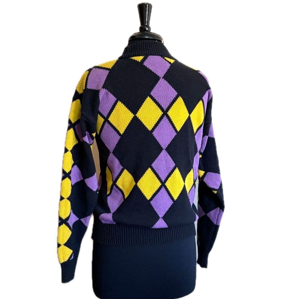 Vintage 80s Argyle Sweater Black Yellow Purple Small Medium - Thumbnail 3