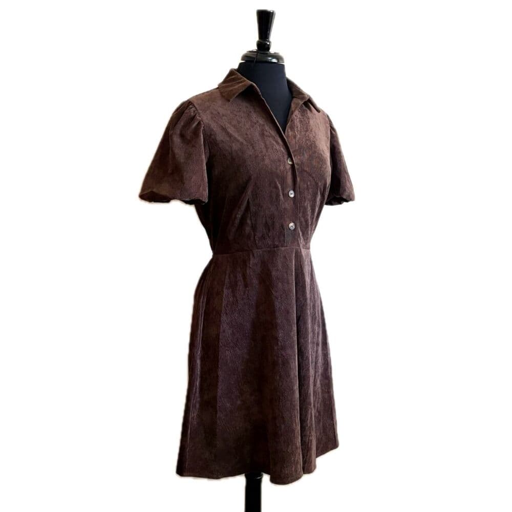 Short Puff Sleeve Corduroy A-Line Dress Brown Bobbie Bee Petite Large