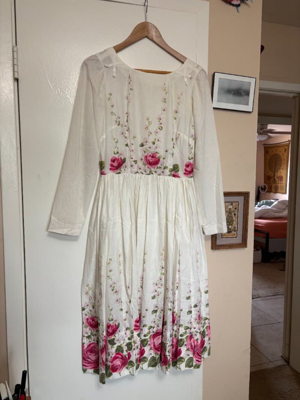 Vintage Pink Roses Floral Long Sleeve Midi Dress - Thumbnail 2